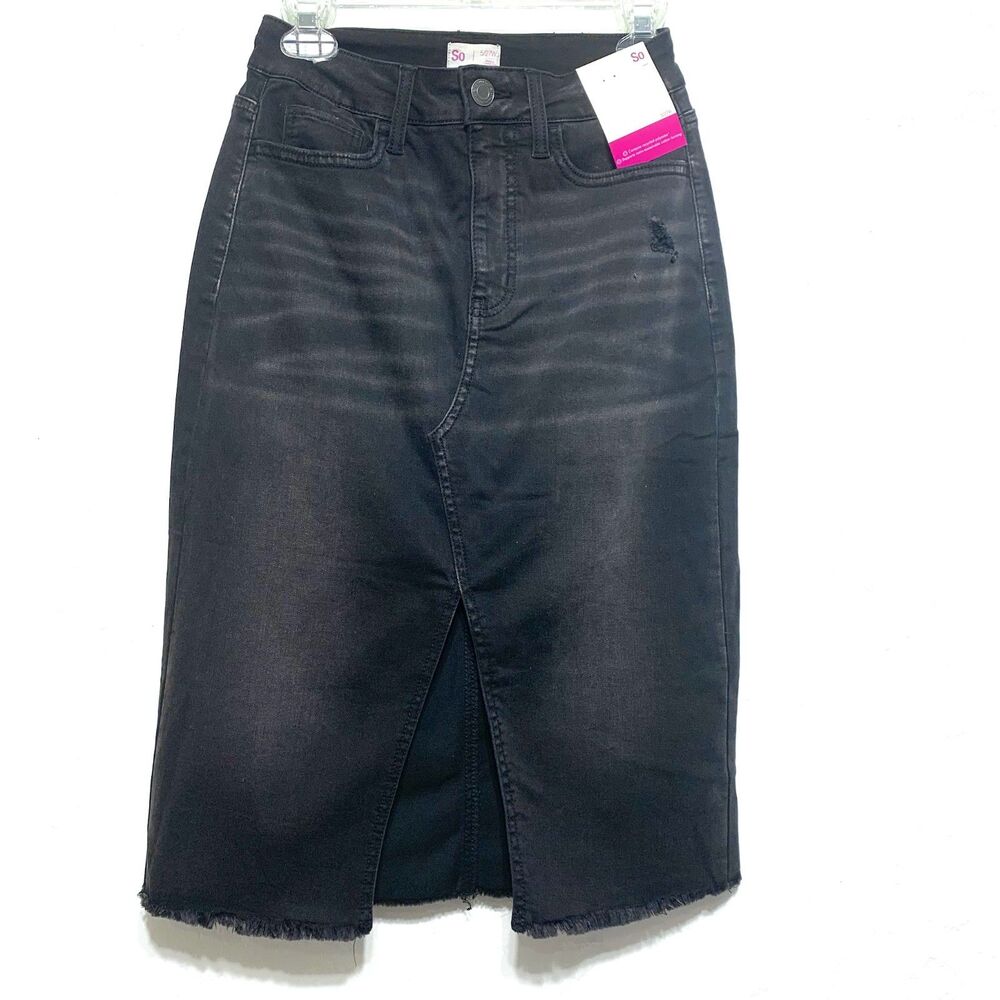 NWT SO Black Gray Jean Denim Skirt size 27W High Waist Long Knee Length Modest